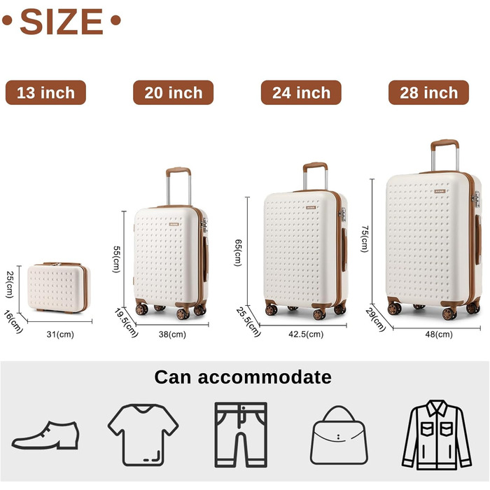 Набір валіз KONO з ABS пластику, 4 шт. (75x48x29 см) з TSA замком, білі