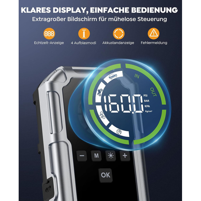 Powerbank Starthilfe 8000A з компресором 160PSI, 12V для авто, 20000mAh, LED-ліхтар, LCD-дисплей, сріблястий