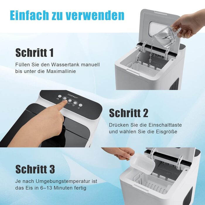 Машина для кубиків льоду COSTWAY з нержавіючої сталі 12 кг/24 ГОД 6 хв Підготовка Бак 1,5 л Світлодіодні лампи Самоочищення 2 розміри