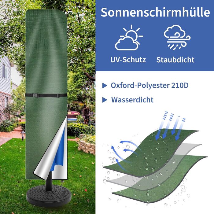 Чохол для парасольки/маркетки: захист від сонця та УФ-променів, діаметр до 400 см, 300x300 см, коричневий/зелений (240x57/57 см)
