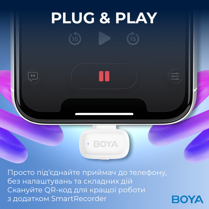 Бездротовий петличний мікрофон BOYA mini-13 Type-C/Lightning White