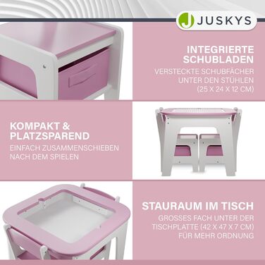Дитяча стільниця Juskys Milou - комплект з 2 стільців та столу - дерев'яний дитячий столик з місцем для зберігання, стільниця для малювання (рожева)