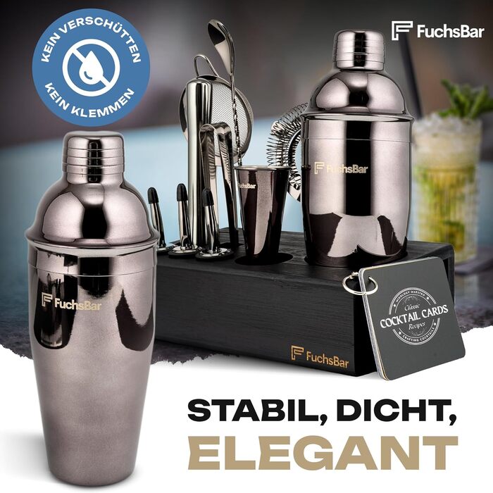 Набір для коктейлів, 8 предметів, нержавіюча сталь, з шейкером, стрейнером, ложкою, рецептами та аксесуарами – ідеальний барний набір для дому, вечірок та як подарунок