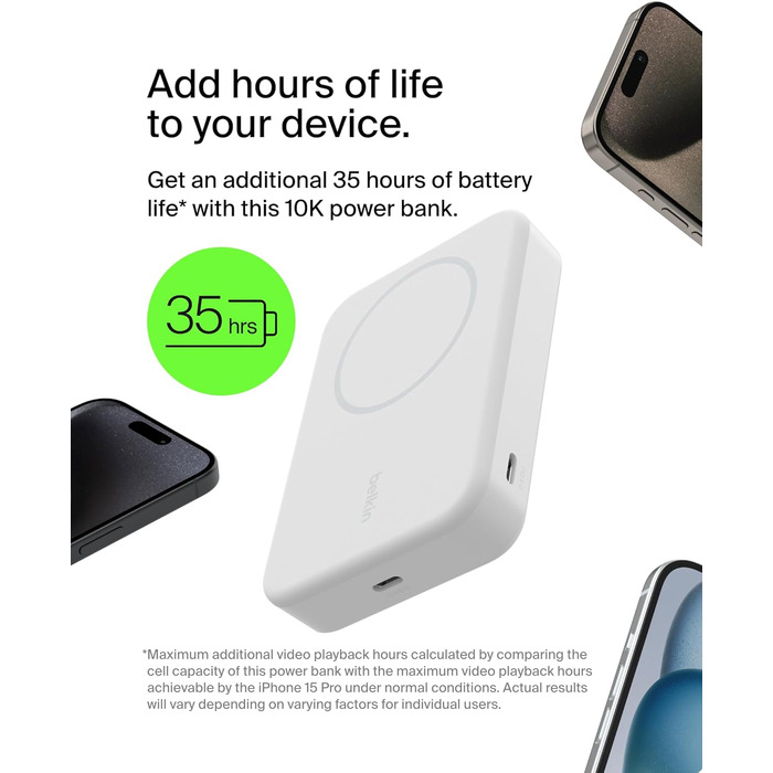 Бездротовий повербанк Belkin BoostCharge Pro 10 000 мАг, MagSafe, підставка, iPhone 16/15 (білий)