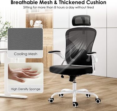 Ергономічне крісло Farini для офісу та дому: регульована висота, з підголівником, 150 кг, на коліщатках (чорно-біле)