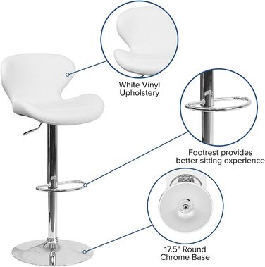 Барний стілець Flash Furniture Denville з тканини, регульований по висоті, з вигнутою спинкою та хромованою основою, 2 шт. (Біле вінілове сидіння)