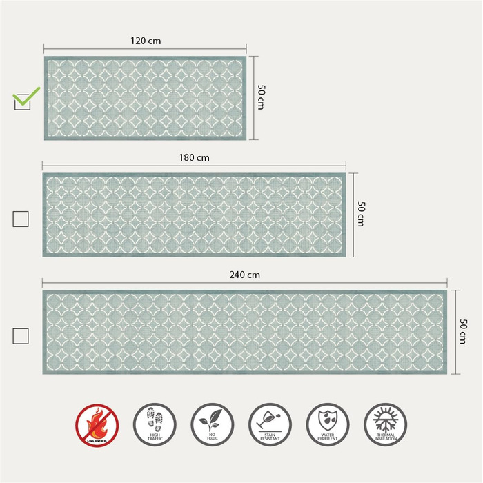 Кухонний килимок 120x50 см Сірий шестикутний вініловий нековзний і миється Кухонний килимок з вінілу, 100 зроблено в Італії Тепіче для вітальні, кухні (120 x 50 см, Old Style Green)