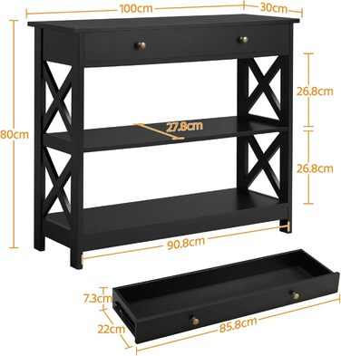 Консольний стіл Yaheetech з ящиком, 2 полиці, X-Frame, 100x30x80 см, чорний