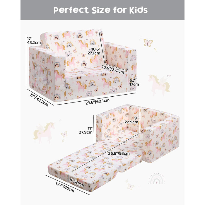 Дитяче розкладне диван-крісло BEJOY 2 в 1, Sherpa, з єдинорогом, бежевий, для дитячої кімнати, подарунок на день народження