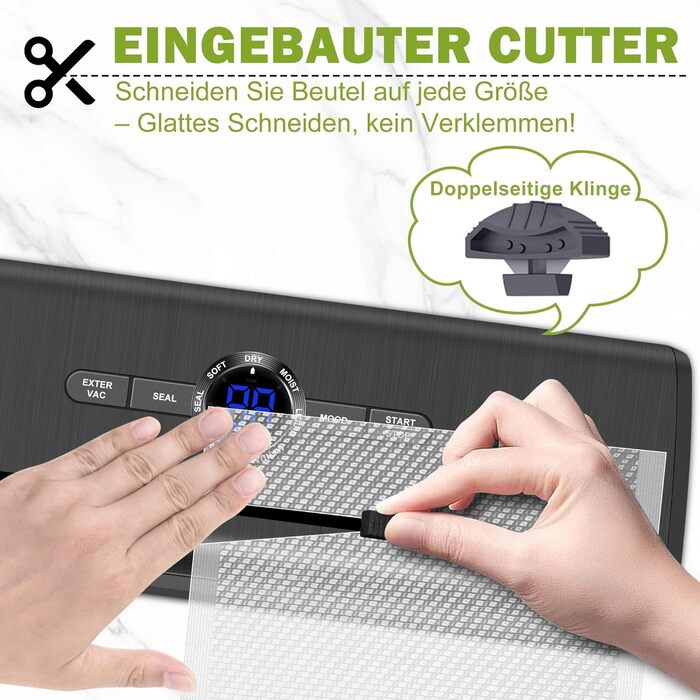 Вакууматор для продуктів 7 в 1, професійний вакуумний пакувальник з подвійним швом, цифровим таймером та різаком, комплект з 50 пакетами (Чорний)