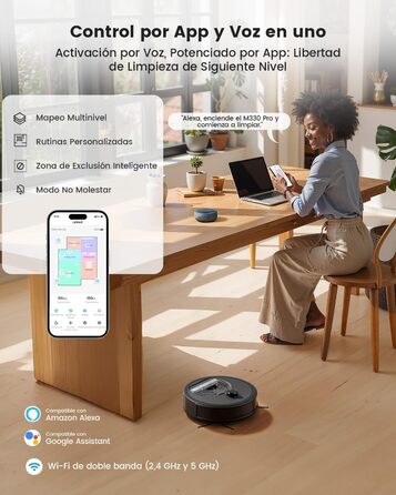 Робот-пилосос LEFANT M330 Pro з функцією миття, 5000Pa, лазерна навігація, LiDAR, 150 хв, розпізнавання килима, керування через додаток/голос, для видалення шерсті тварин, чорний