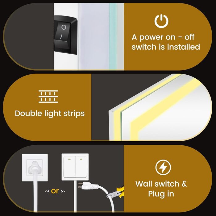 Дзеркало для ванної кімнати YOLEO з підсвічуванням 90x70 см, LED дзеркало з переднім та заднім освітленням, дзеркало з пам'яттю, 3 регульовані кольори світла, антизапарник 90x70 см