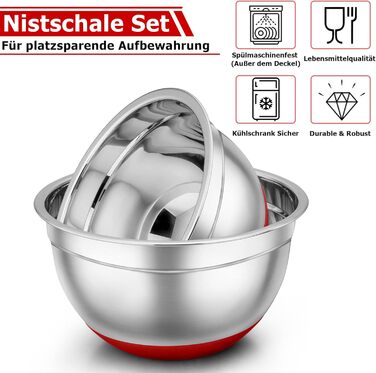 Набір мисок TEAMFAR з нержавіючої сталі: салати, зберігання, приготування їжі. Об'єм: 0.7-6.5 л, з кришкою та силіконовим дном.