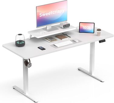 Регульований стіл Sweetcrispy з підставкою для монітора, електричний, ергономічний, стоячи/сидячи, комп'ютерний, vintage, білий, 160 x 60 см