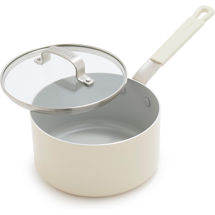 Набір посуду GreenPan x Bobby Flay 13 предметів: професійний алюміній, антипригарне покриття Ceramic, без PFAS/PFOA, індукційний, силіконові ручки, сумісний з посудомийною машиною (2.53QT соусниця з кришкою, кремовий)