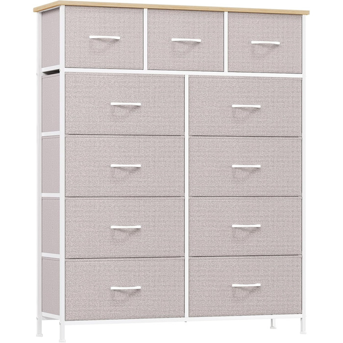 Тумбочка Somdot з висувними ящиками, тканинна тумбочка, тумбочка для спальні, вітальні, коридору, шафа з ящиками, 5 тканинних ящиків, білий колір, штучна шкіра (сірий, 30T x 100B x 118.5H см (11 ящиків))