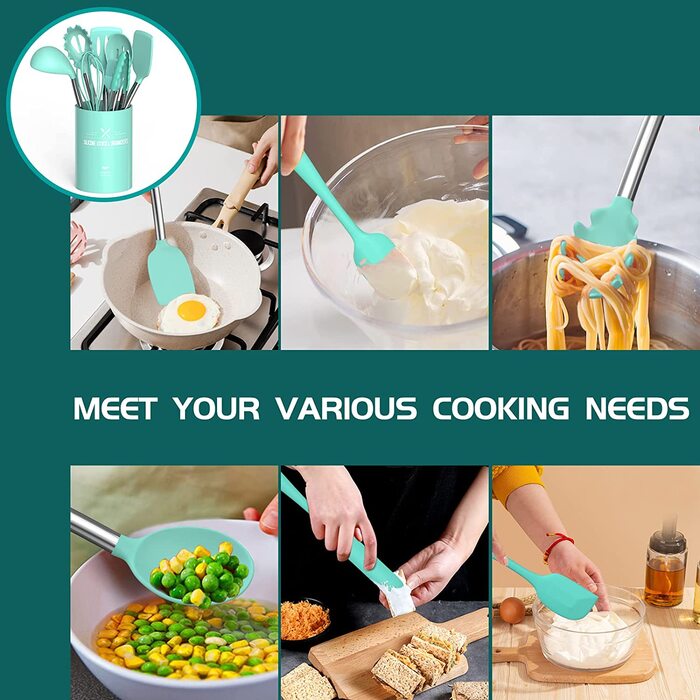 Набір кухонних аксесуарів Umite Chef, 15 предметів, силікон, термостійкий, антипригарний, без BPA, нержавіюча сталь, лопатки, ложки, щипці, вінчики, кухонне приладдя (зелений)