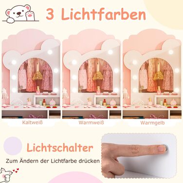 Детский туалетный столик COSTWAY в форме медведя с подсветкой, зеркалом, шкафчиком, 5 ящиками и отделениями, из дерева, для девочек от 3 лет