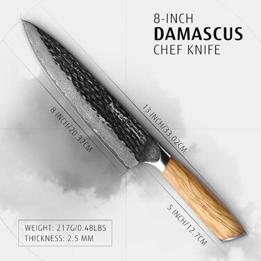 Ніж кухарський Damast 20 см Hecef, професійний ніж шеф-кухаря, японський ніж з 67 шарів дамаської сталі, гостре м'ясне лезо з ручкою з оливкового дерева
