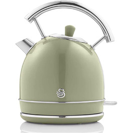 Електричний чайник Swan Retro 1,8 літра, вінтажний дизайн, контролер Strix з автоматичним відключенням, бездротовий, нержавіюча сталь без бісфенолу А, 2200 Вт, (зелений)