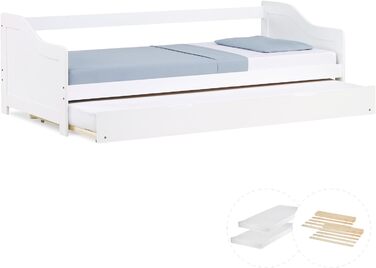 Висувне ліжко Homestyle4u 90x200 з ящиком для зберігання, з ламелями, для дітей, з дерева (сосна), білий