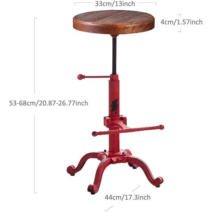 Topower Крісло-стілець у стилі ретро/вінтаж, фермерський дизайн, дерев'яний, поворотний, для кухні, регульована висота (Antique Red)