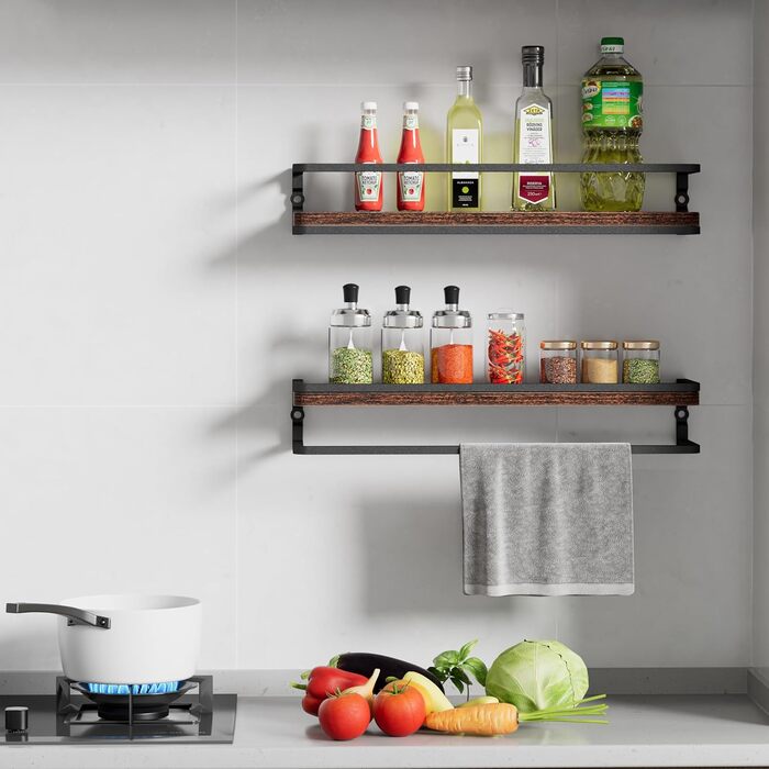 Полиця настінна дерев'яно-металева Wandregal 2 шт 42 см, плаваючі полиці для ванної, спальні, вітальні, кухні, офісу (Рустикальний коричневий + Чорний)