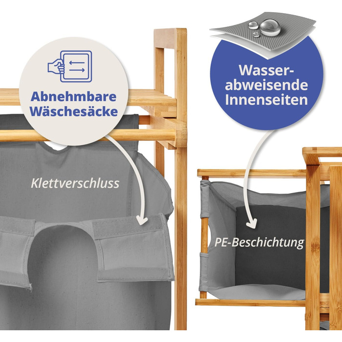 Кошик для білизни Lumaland з бамбука з 2 висувними мішками для білизни | Легкий у догляді, стійкий до вологи, легко очищується | Висота приблизно 73 см x 64 см ширина x 33 см глибина [Бежевий] 2 відділення для білизни, 2 мішки для білизни | Бежевий