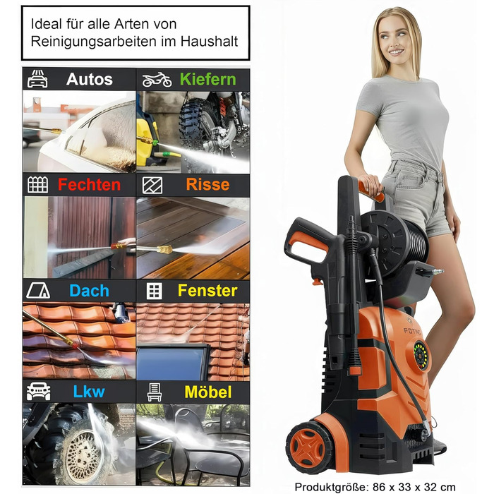 Високотискний мийник 2026 Neu 180 бар, 6-в-1 насадка, 420 л/год, 50 м²/год, економія води, піночистка 500 мл, барабан для шлангу 33л