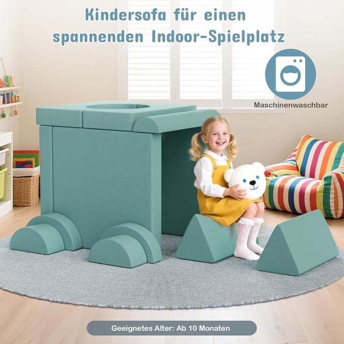 Дитяче ігрове диван-крісло, 15-ти частинний модульний диванчик, розкладний диван для дітей, сертифікат Oeko-TEX®100, диван з пінопласту, для куточка у дитячій кімнаті, велюрова тканина (зелений)