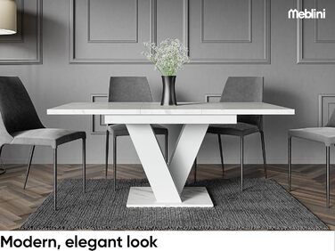 Обідній стіл MebleIni розсувний, сучасний дизайн, кухонний стіл, колона, чорний/білий глянцевий, 120-160x80x75 см, стільниця з білого мармуру/білий матовий