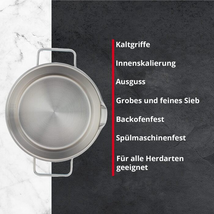 Каструля Meisterkoch з нержавіючої сталі 16 см Ø | з виливом, внутрішньою шкалою та ізольованою ручкою | 1 скляна кришка з дрібним та великим ситом | Кухонне приладдя, нержавіюча сталь, індукційне дно (20 см)
