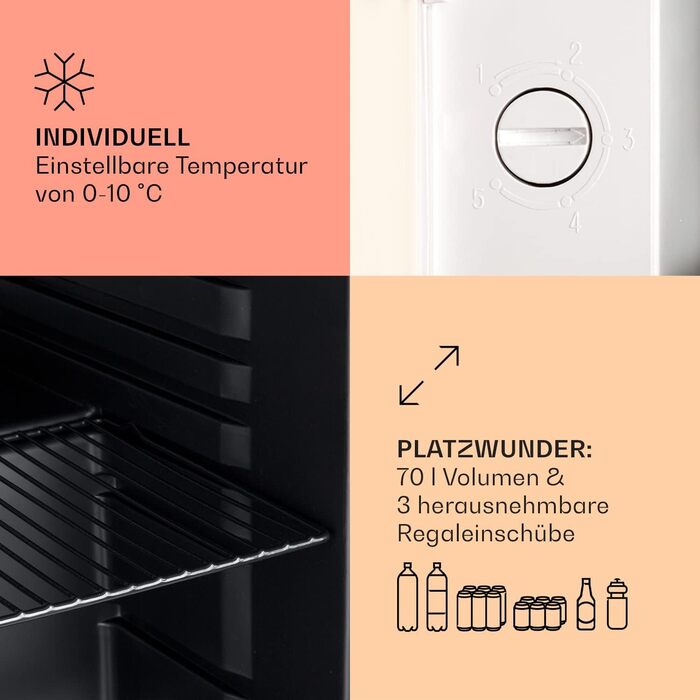 Klarstein Mini Холодильник з скляними дверцятами, 48L, для кімнати та офісу, з висувною полицею, тихий, 0-10°C, 48 літрів, Клас енергоефективності E, кремовий