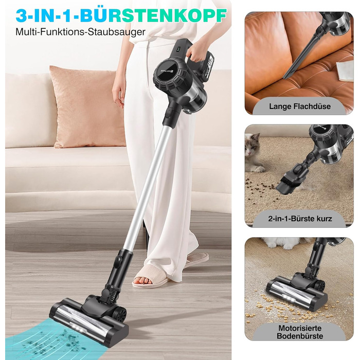 Бездротовий вертикальний пилосос 15kpa з HEPA-фільтром, ручний пилосос з LED-підсвічуванням та 2 батареями (3000mAh)