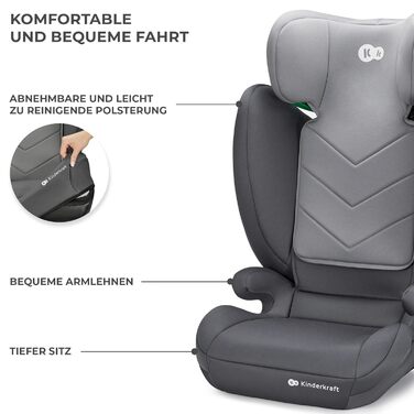 Дитяче автокрісло Kinderkraft i-Spark i-Size, Група 2/3, 100-150 см, від 3.5 до 12 років, від 15 до 36 кг, Легке (4.5 кг), 3-точковий ремінь безпеки, Бічний захист, Чорний (Сірий)