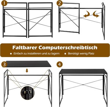 Складаний стіл COSTWAY, розкладний стіл 100 x 50 см з 6 гачками та металевим каркасом, компактний комп'ютерний стіл Промисловий робочий стіл для домашнього офісу, вантажопідйомність 115 кг (чорний)