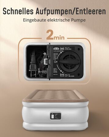 Надувне ліжко Airefina з самонадувною системою та інтегрованим насосом, 203 x 152 x 46 см (1 особа), для кемпінгу та дому