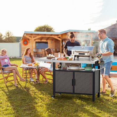 Onlyfire Grilltisch: Робочий стіл для гриля з великою поверхнею, візок для сервірування з колесами, гриль-стіл з відкидними боковими полицями, стільниця з нержавіючої сталі, візок для барбекю, 143.5 × 56 × 91 см, двостулковий