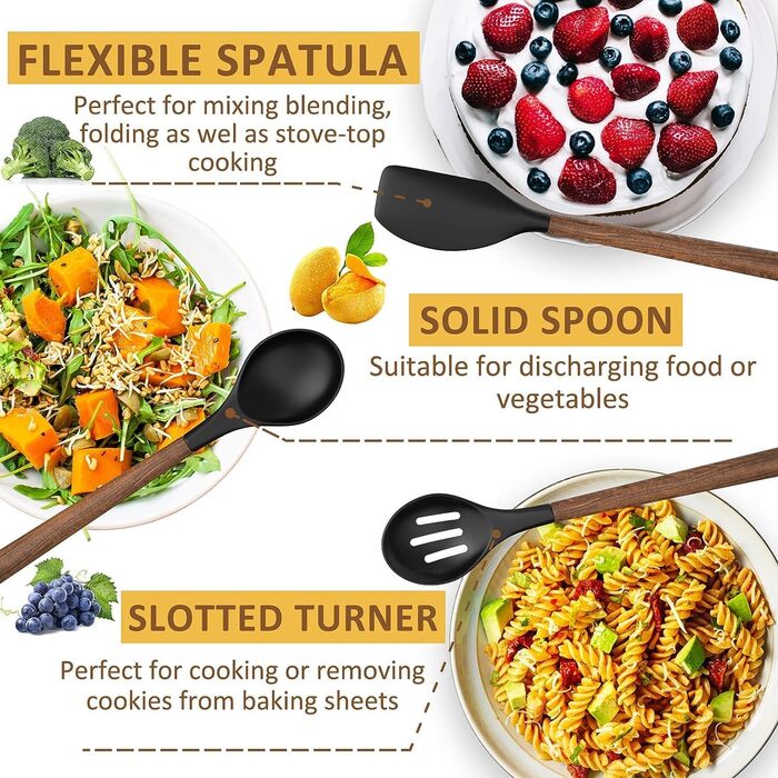 Набір кухонних аксесуарів Kochutensilien, 8 предметів: силікон з дерев'яною ручкою, антипригарне покриття, стійкий до нагрівання, легко миється