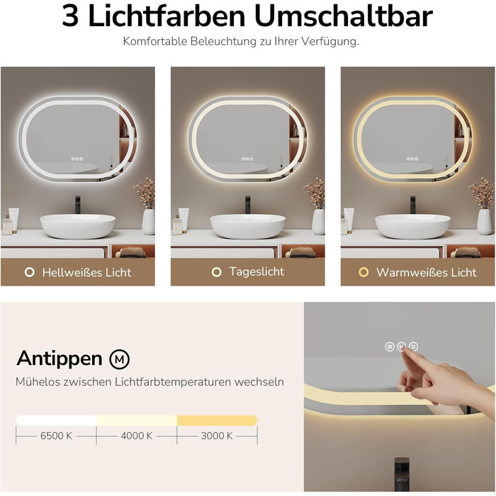 Дзеркало для ванної кімнати EMKE з підсвічуванням 50x90 см овальне, сенсорне керування, 3 кольори світла, регулювання яскравості, антизапарник, функція пам'яті, автовимкнення через 3 години