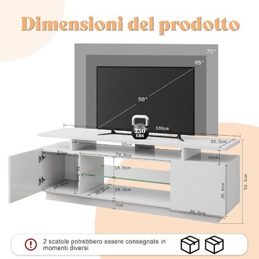 Тумба під TV Luxoak з LED підсвічуванням, білий глянцевий лак, 160x38.5x54.5 см. Підходить для телевізорів до 75 дюймів, з 2 дверцятами та регульованою скляною полицею. Для вітальні та спальні.
