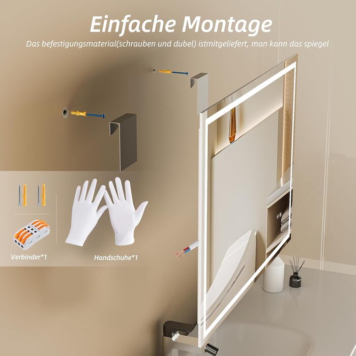 Дзеркало для ванної кімнати HySail з підсвічуванням, 80x60 см, 5 мм, антизапарник, сенсорне керування, 3 кольори світла, диммування