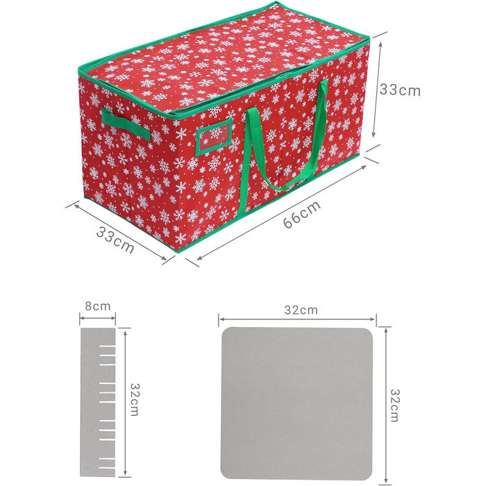 Коробка для зберігання новорічних кулі - Relaxdays, 128 шт, 33x66x33 см, сніжинки, фліс, картон, червоно-зелена