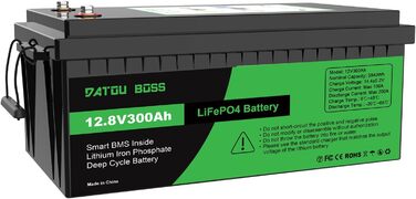 Акумулятор DATOUBOSS 12V 300Ah LiFePO4, 200A BMS, 8000 циклів, 3840 Вт, для сонячної батареї, автофургону, автономного живлення