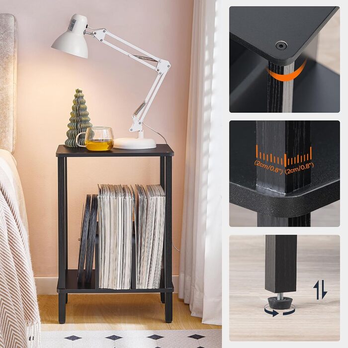 HOOBRO Стійка для програвача, полиця для платівок, приліжкова тумбочка, полиця для платівок з перегородками, органайзер для платівок, до 100 альбомів, для вітальні, чорний EBK05RS01