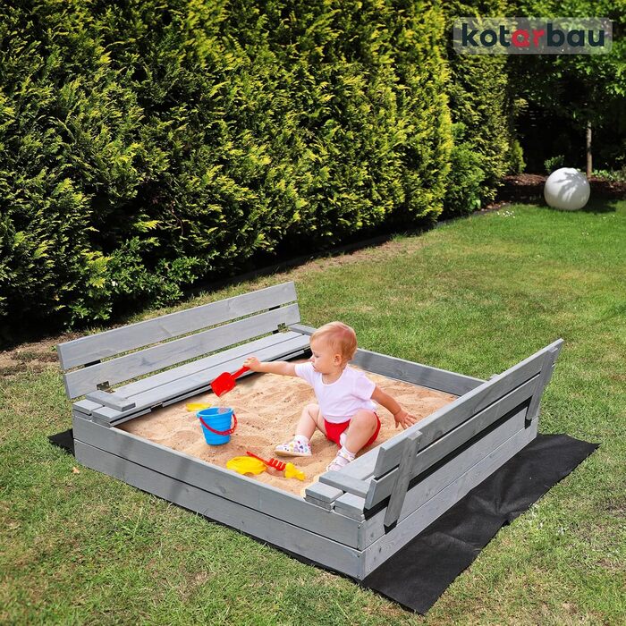 Пісочниця KOTARBAU® з кришкою, 120x120 см, дерево, сіра, з лавками