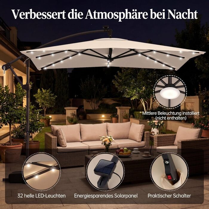 Садова парасолька COSTWAY 250x250 см з LED-підсвіткою, стійкою та рукояткою, квадратна сонцезахисна парасолька для тераси, басейну та двору, бежева