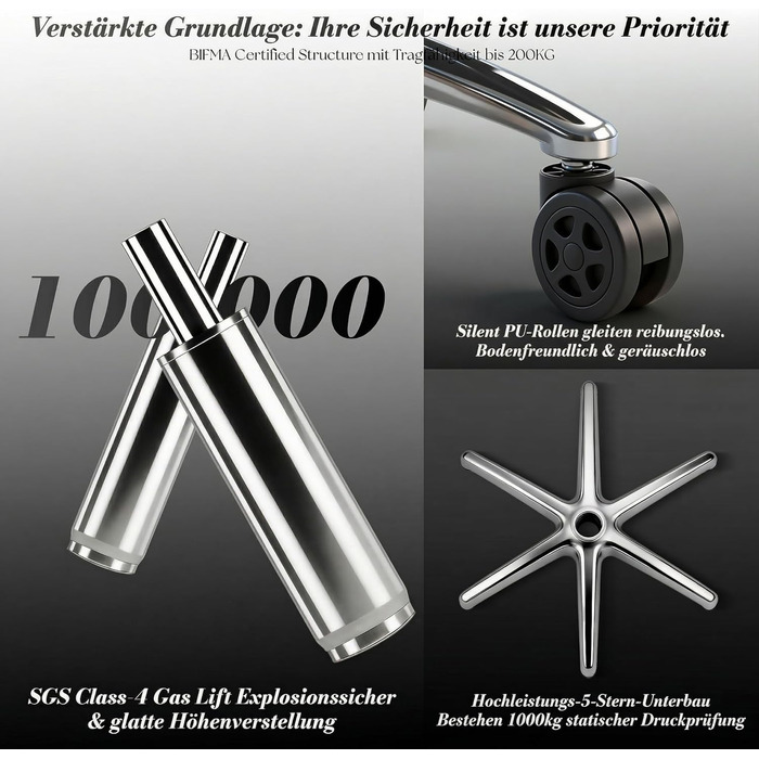 Офісний стілець Efomao XXL до 200 кг з підставкою для ніг, екошкіра, висока спинка, регульовані підлокітники, підтримка попереку, сірий