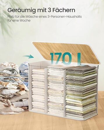 SONGMICS Кошик для білизни з кришкою, 2 відділення, бамбук, складний, знімний мішок для прання, з ручками, 170 л, білий