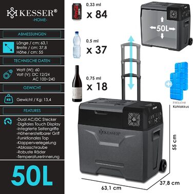 Електрична холодильна та морозильна камера KESSER® Kompressor, 50 літрів з керуванням через APP, USB, 12/24V/230V, телескопічна стійка, акумулятори холоду, колеса, охолодження до -20°C для авто, вантажівок, човнів, антрацит/чорний